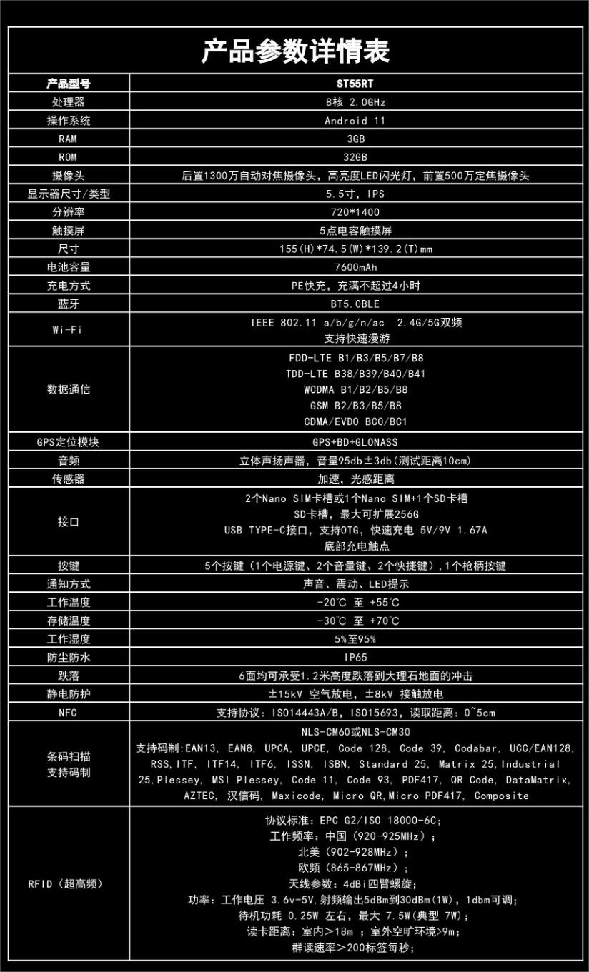 思必拓ST55RT RFID高功率手持終端參數圖